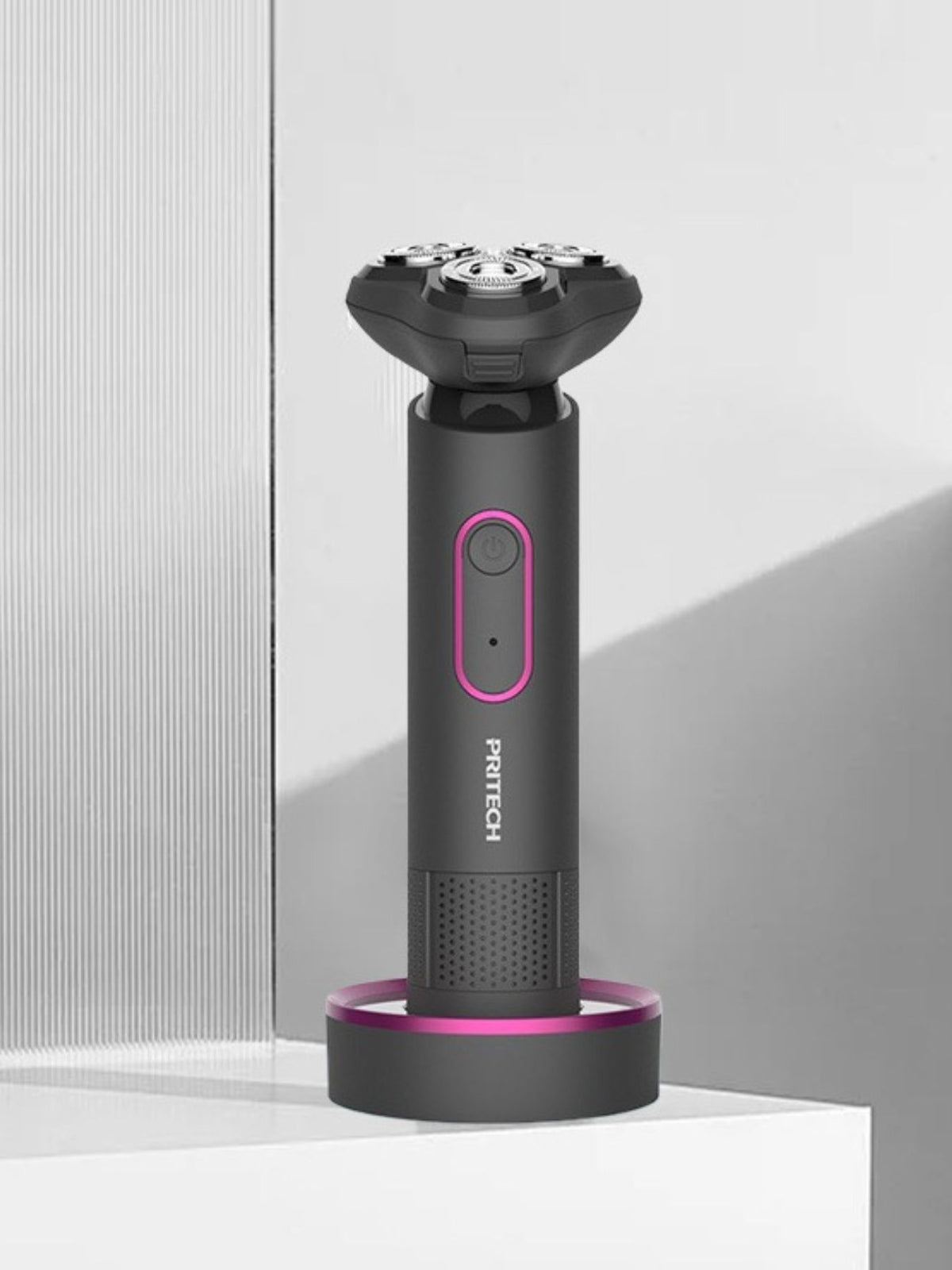 Rechargeable rotary electric shaver in dark gray