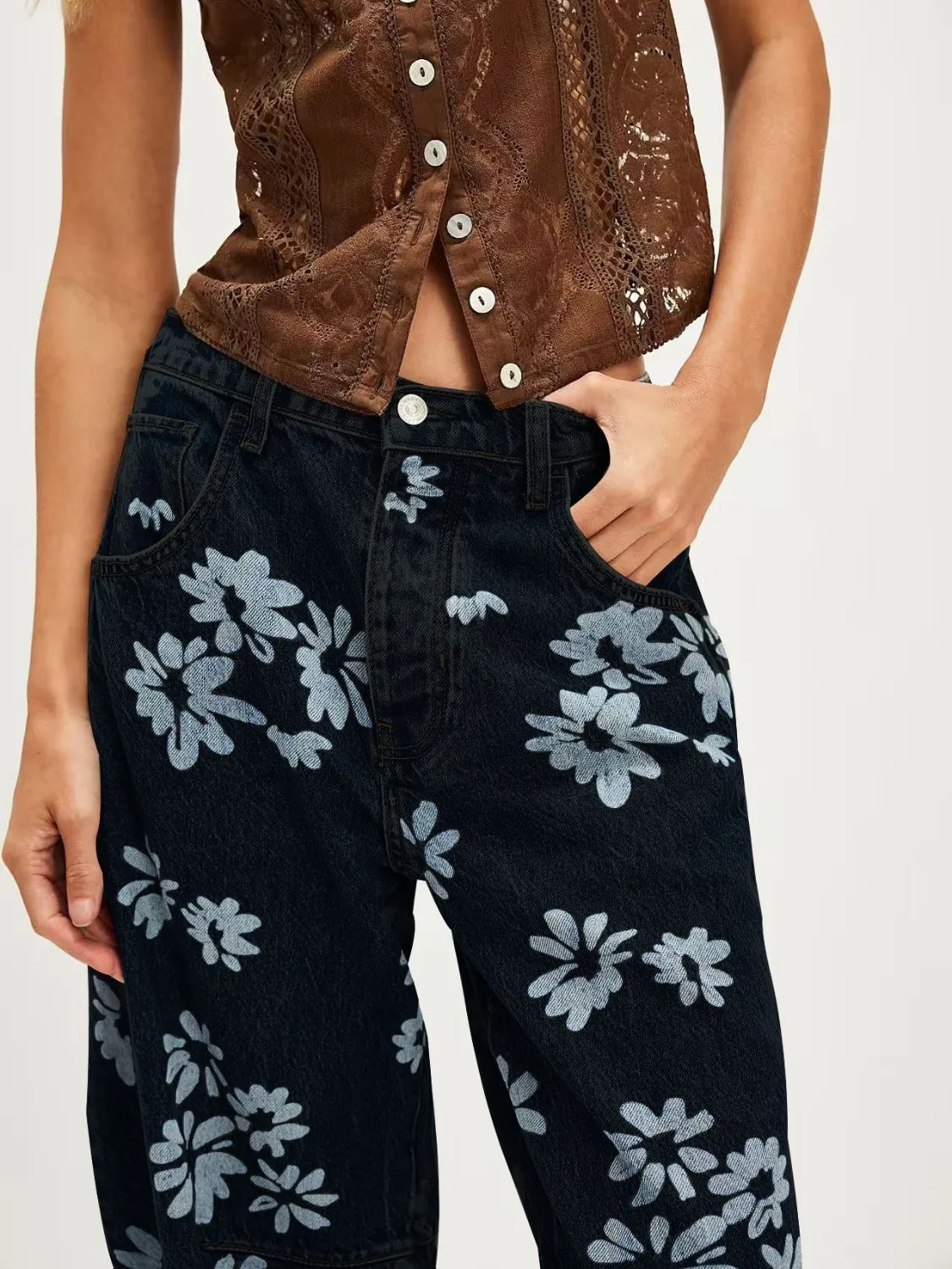 Printed wide leg jeans back view