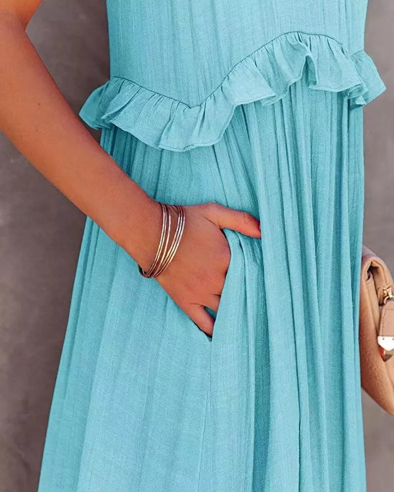 Ruffled tiered sleeveless maxi dress side view