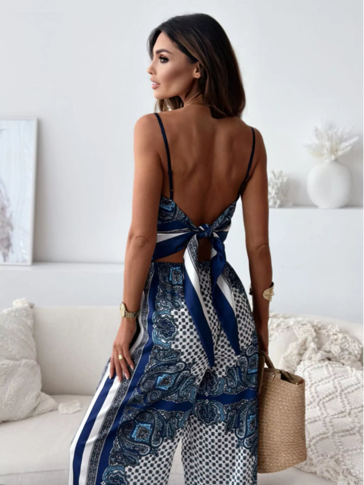 Printed two piece set with wide leg pants side view