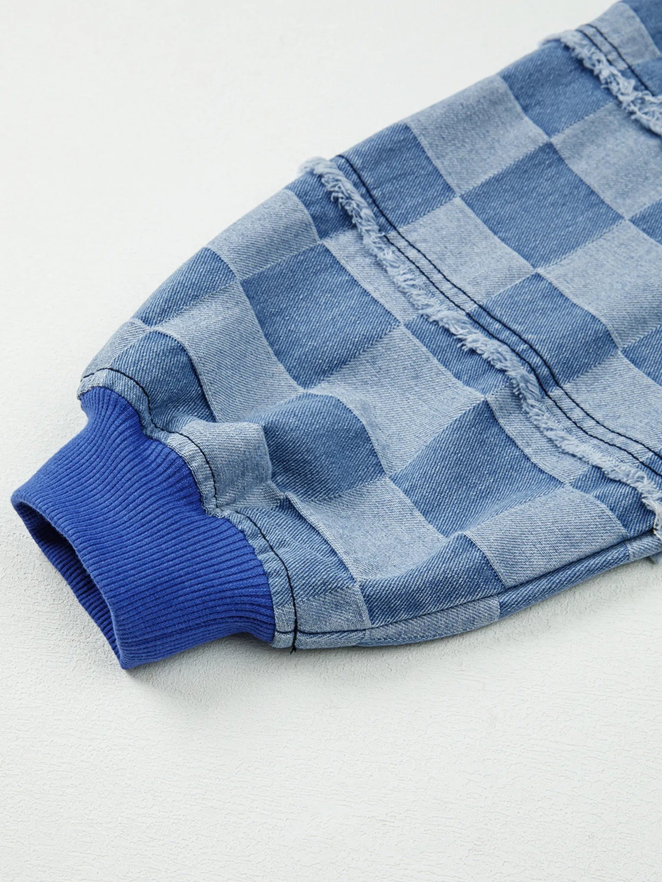 Checkerboard Splicing Raw Detail Oversized Denim Top - Fashorio