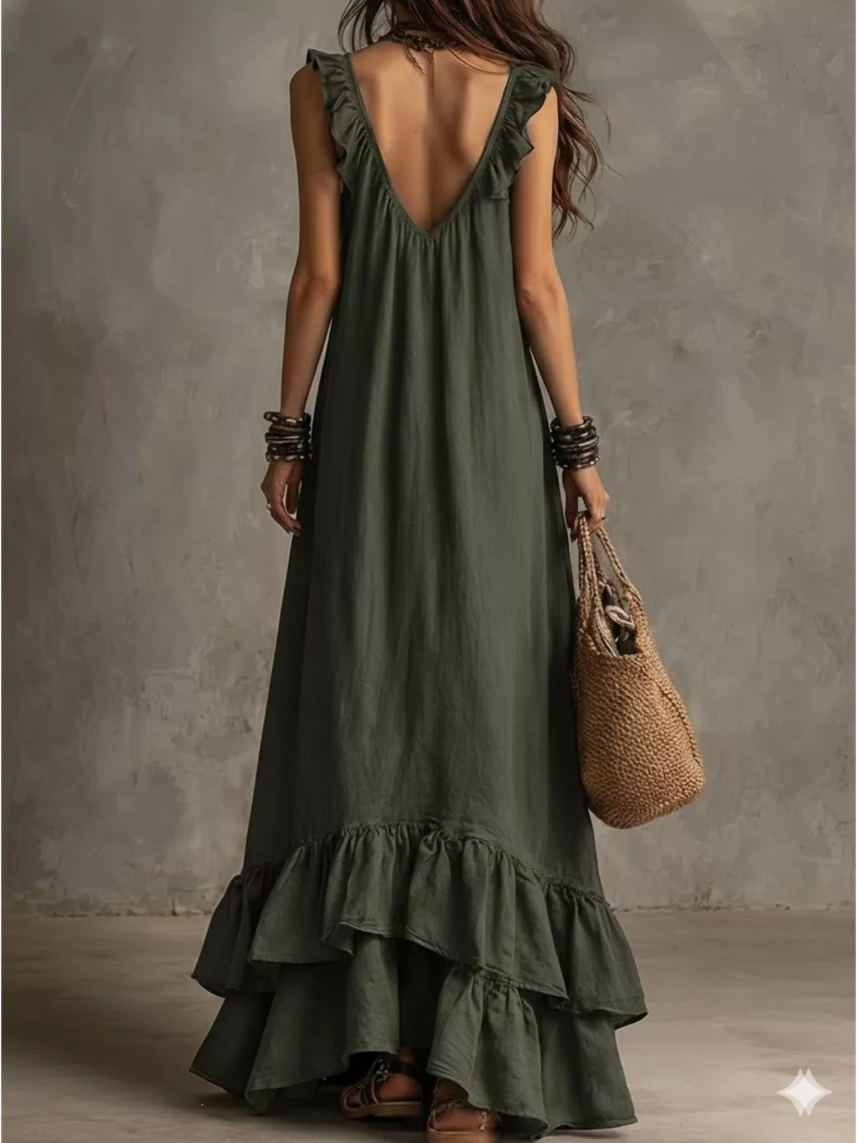Ruffled sleeveless maxi dress detail view