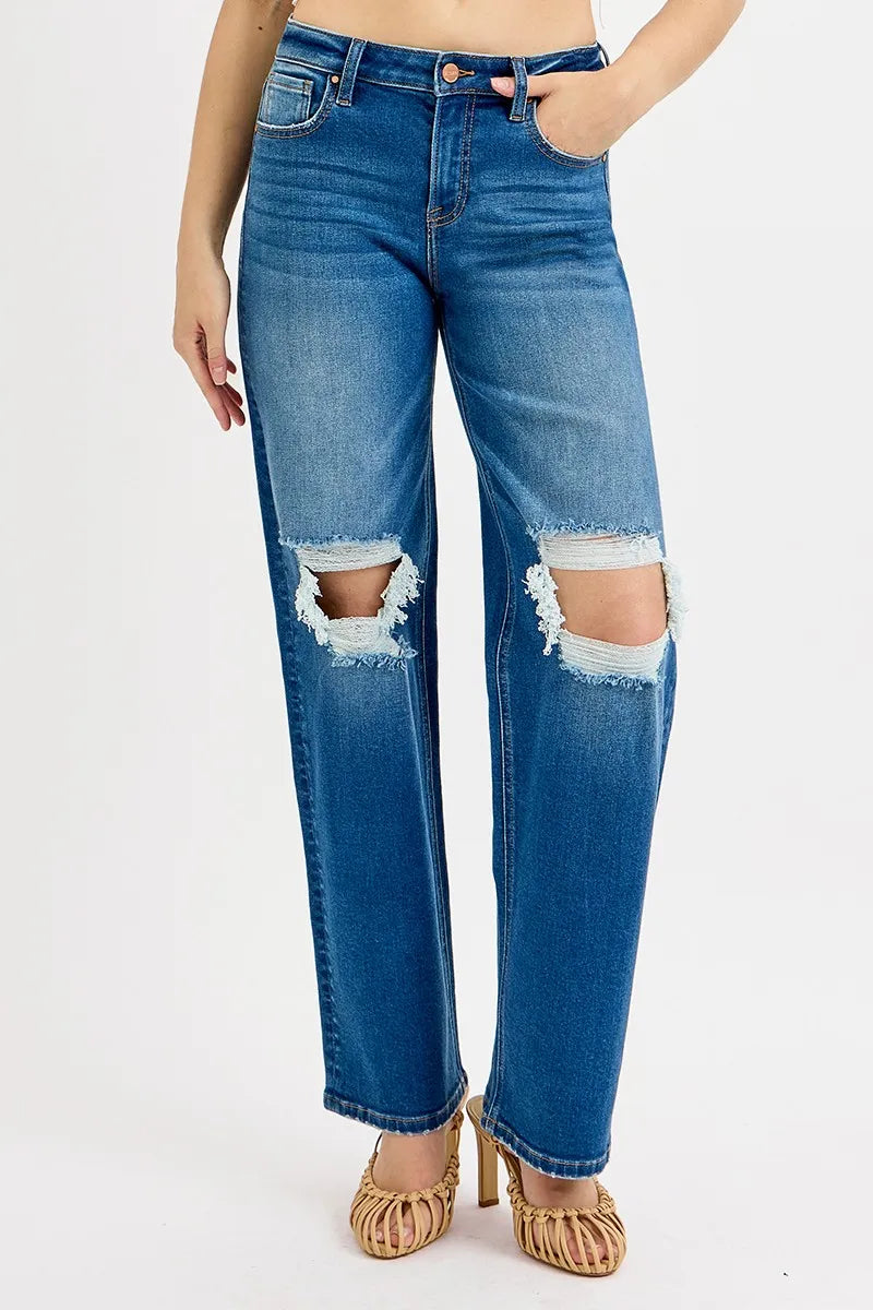 RISEN medium blue distressed straight jeans front
