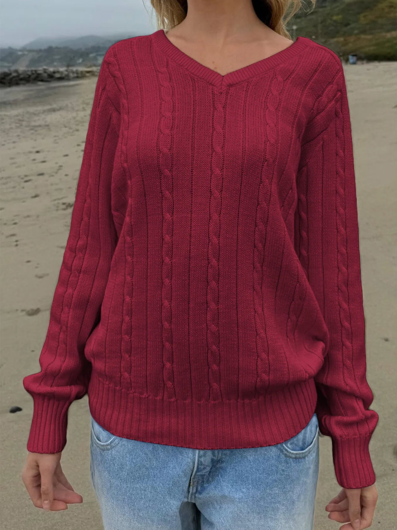 Cable Knit V-Neck Pullover Sweater - Fashorio