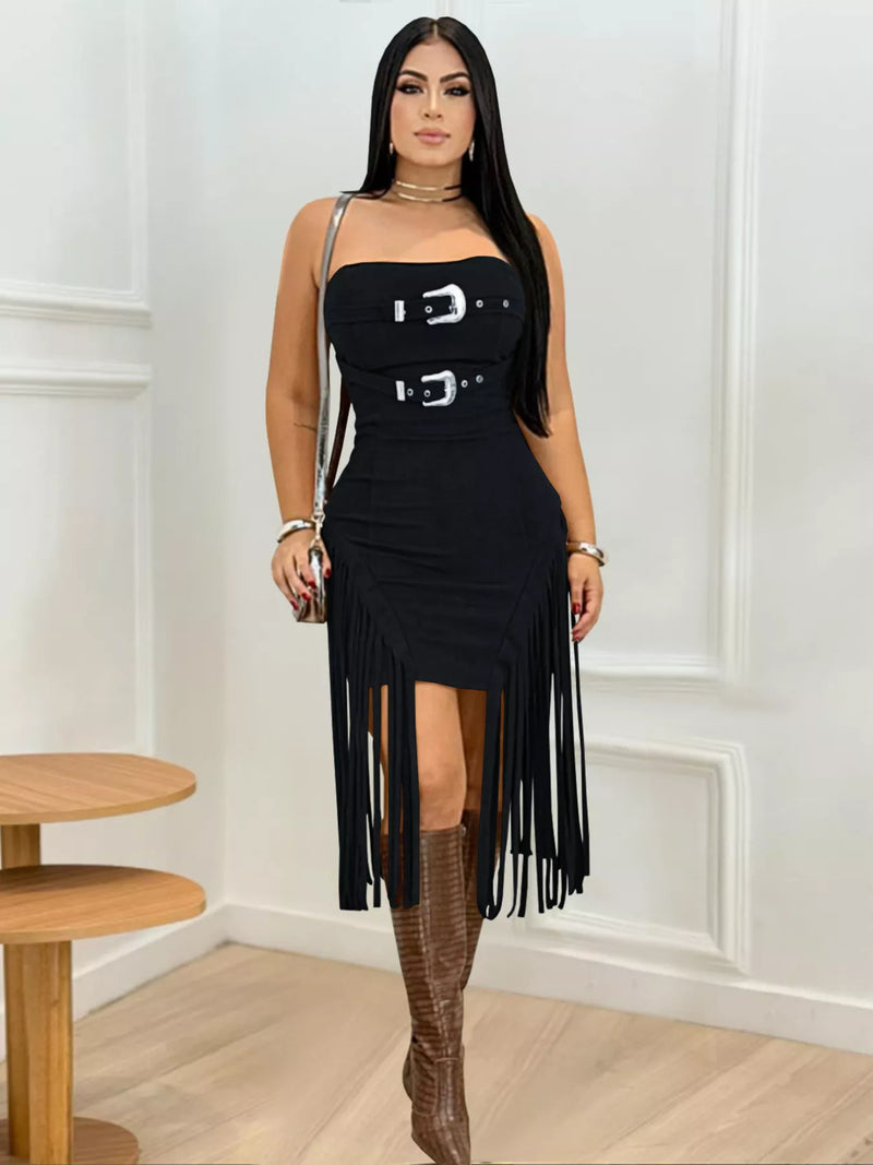 Fringe hem buckle detail bodycon mini dress front view