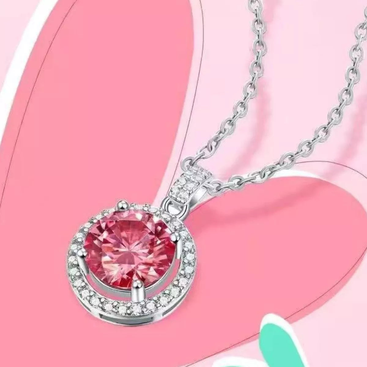 Moissanite pendant shown at an angle to catch the light