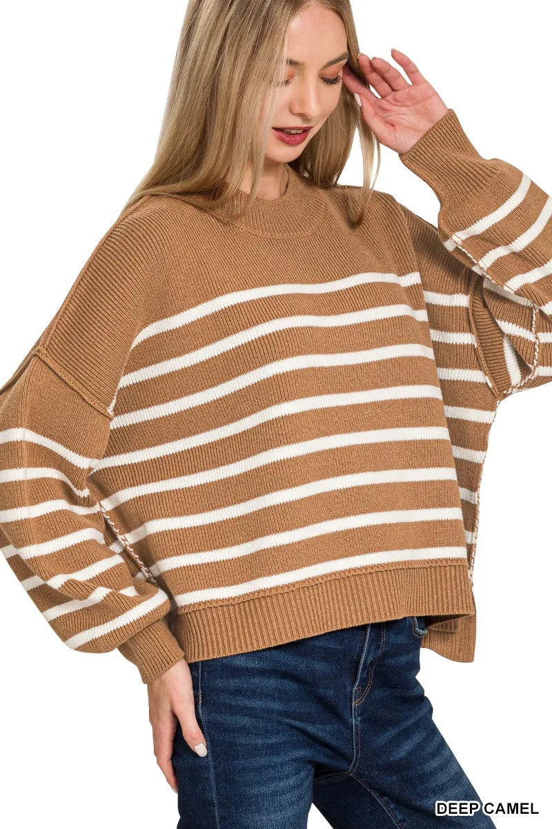 Zenana Exposed Seam Striped Oversized Sweater - Fashorio