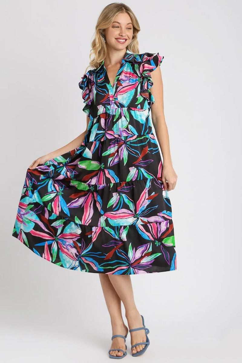 Leaf print ruffle sleeve tiered midi dress front view