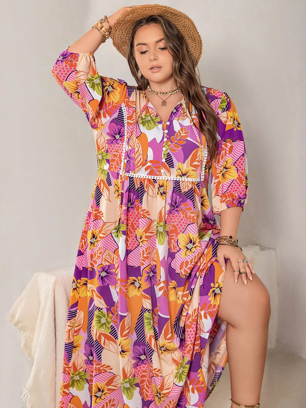 Tie neck plus size maxi dress back view