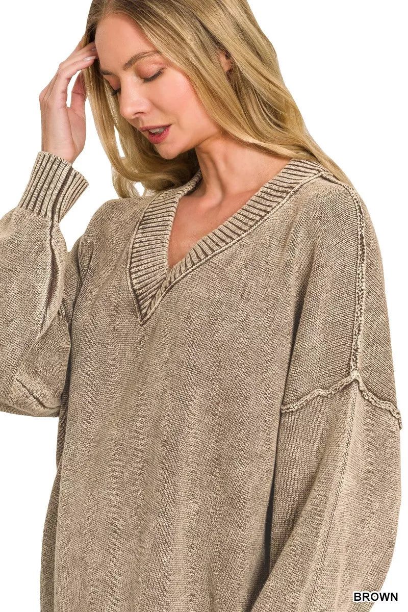 Washed knit texture of brown pullover sweater