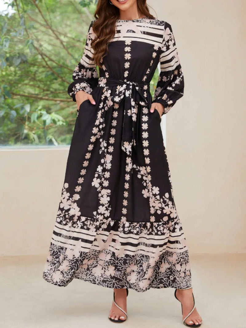 Printed Long Sleeve Maxi Dress with Pockets front view