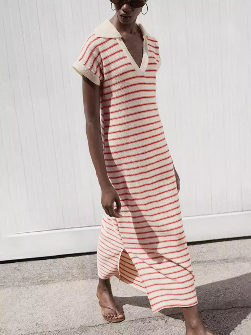 Striped slit short sleeve maxi dress front view