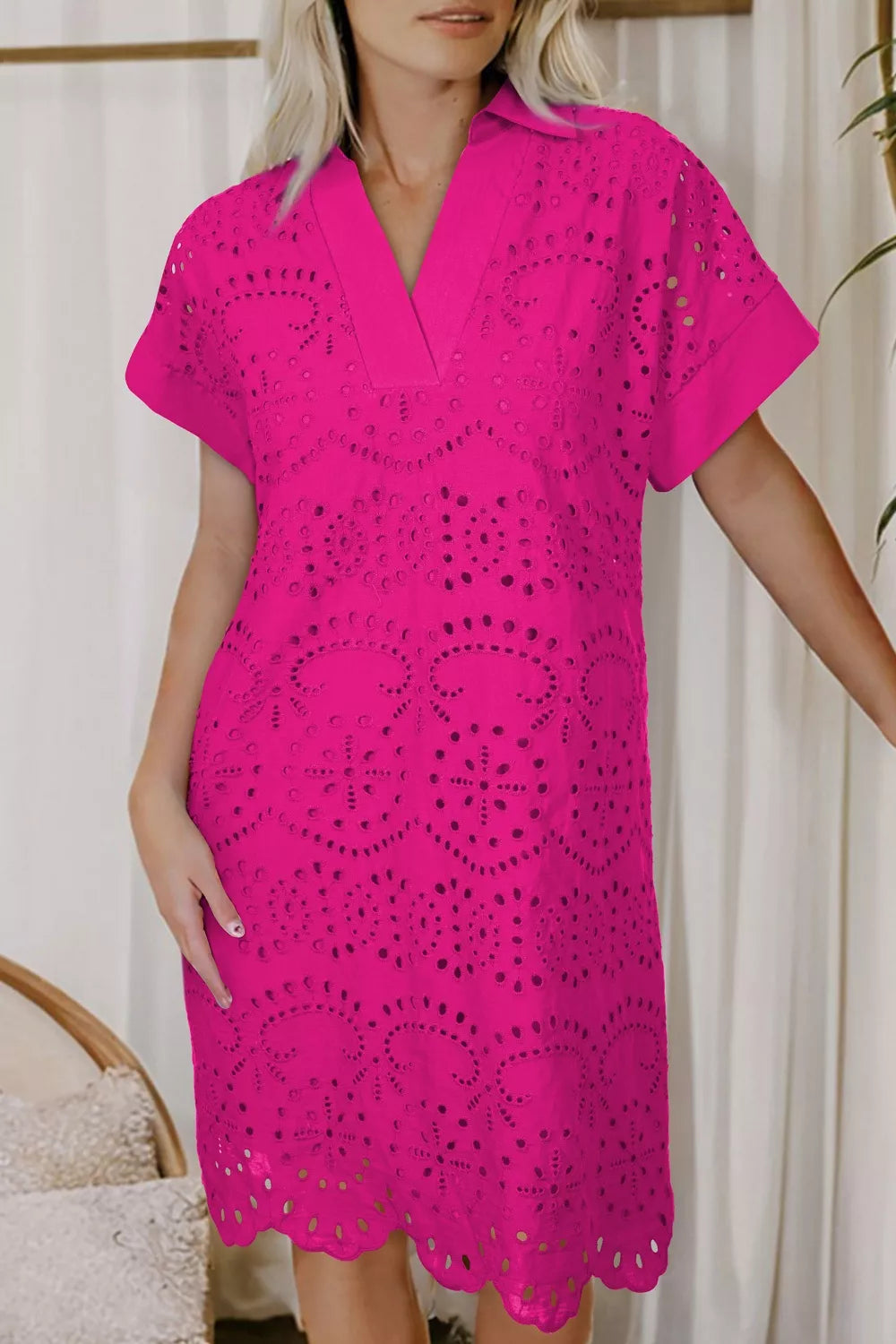 Hot pink eyelet short sleeve mini dress back view