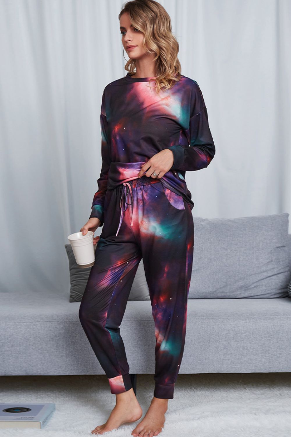 Shiny Tie-Dye Crewneck Top and Drawstring Waist Joggers Lounge Set - Fashorio