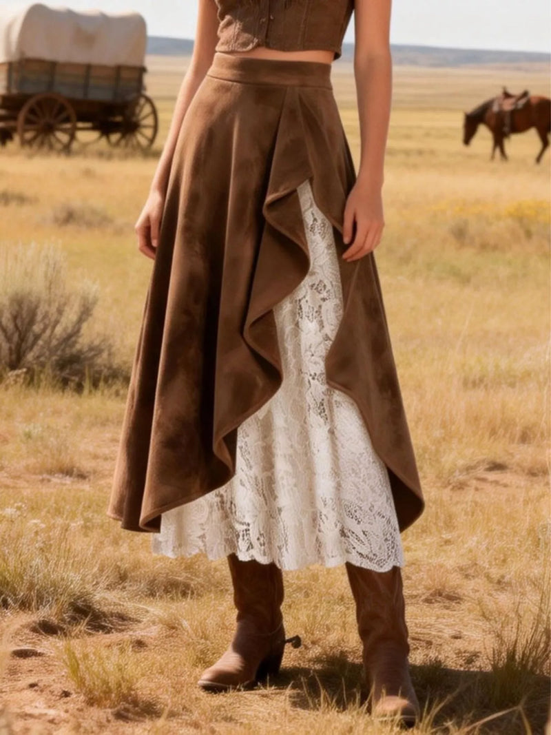 brown lace ruffle midi skirt front view