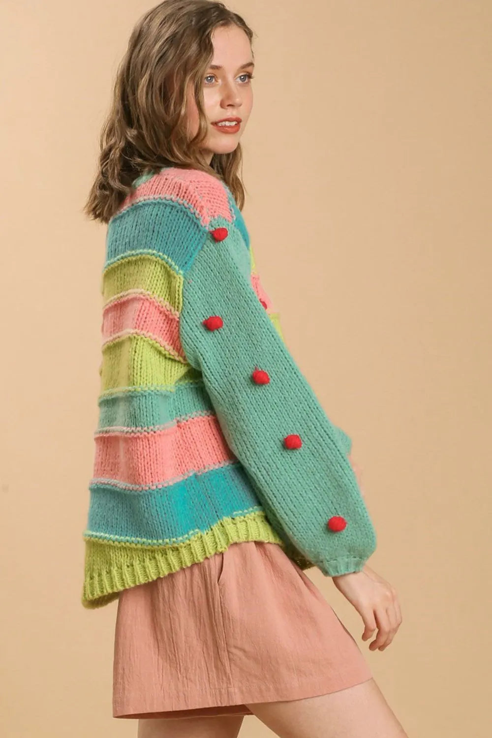 Color Block Cable Knit Pom Pom Sweater Plus Size in Emerald back view