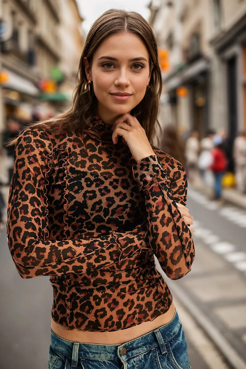 Frill printed mock neck long sleeve top front view