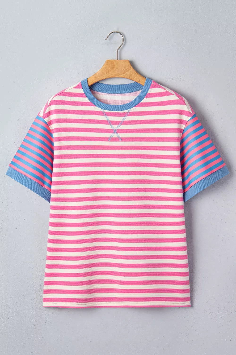 Dusty pink striped patchwork short sleeve loose tee detail view
