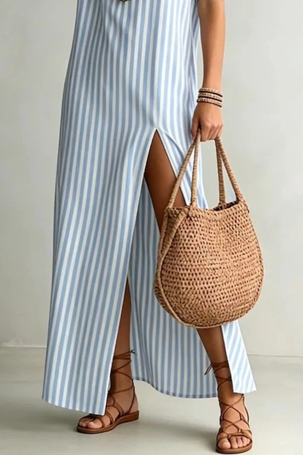 Striped high slit maxi dress full length view