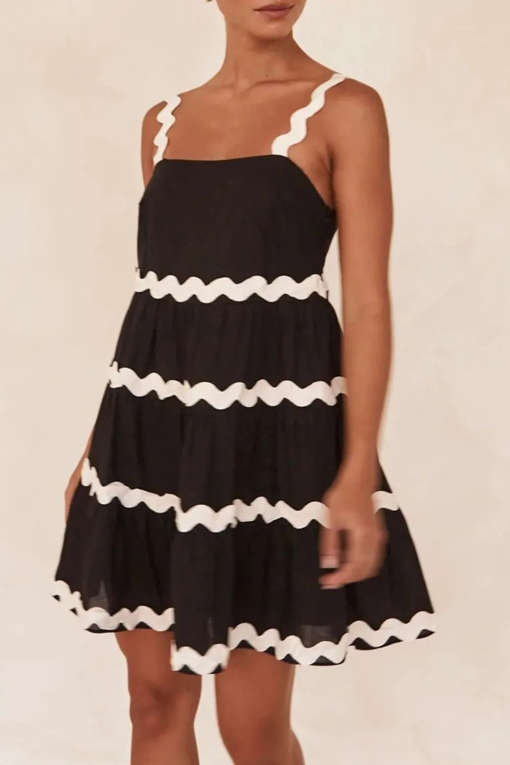 Black square neck tiered dress back view