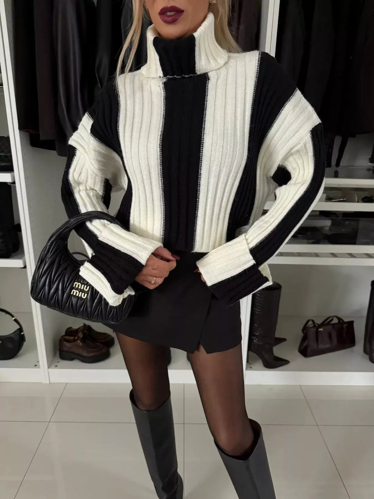 color block ribbed turtleneck sweater front view