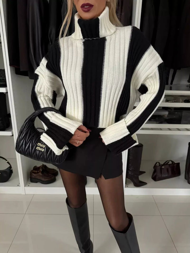 color block ribbed turtleneck sweater front view