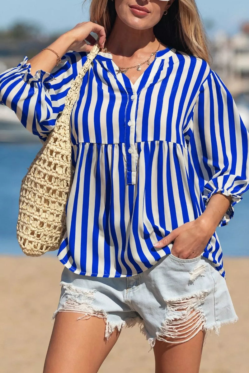 Royal blue stripe balloon sleeve button up shirt front view