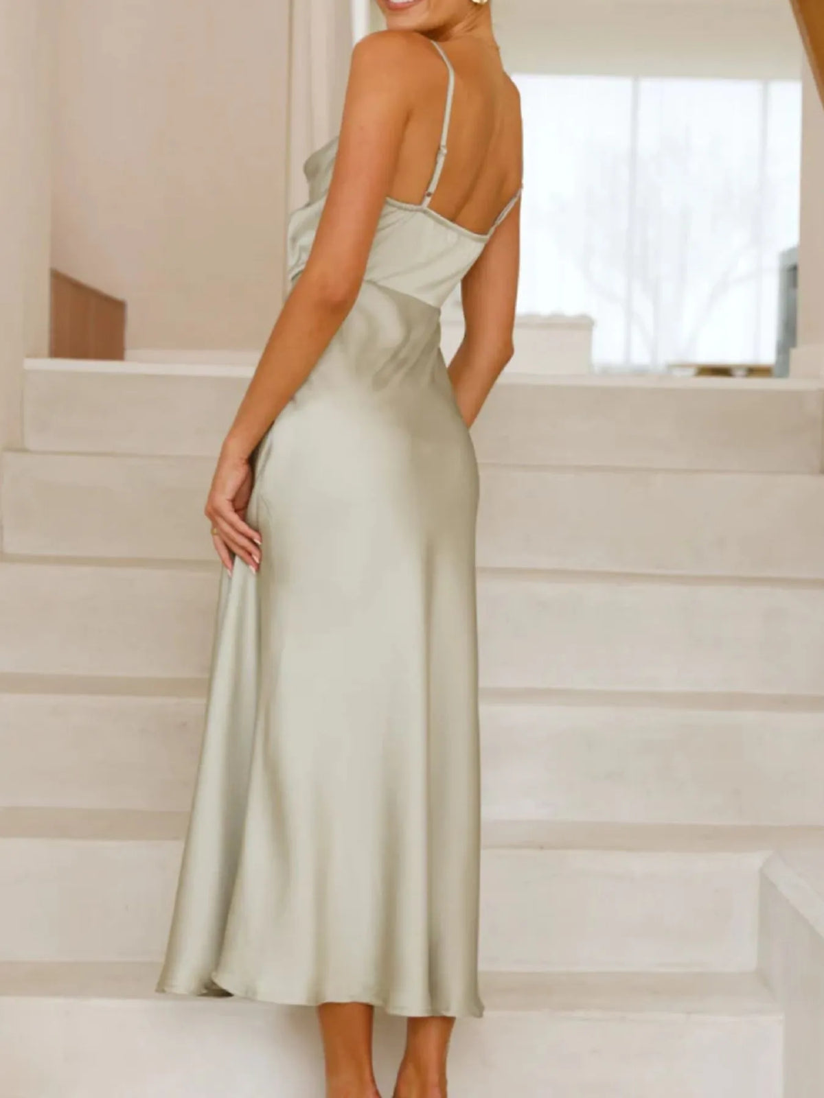 satin asymmetrical midi dress full length front