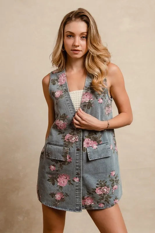 Floral Print Washed Denim Longline Vest in Medium Wash styled look