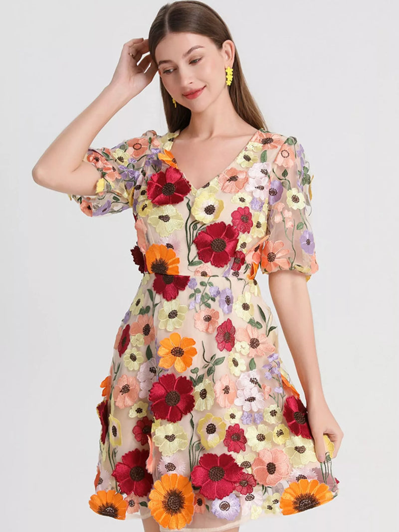 Plus size embroidered floral V neck mini dress front view