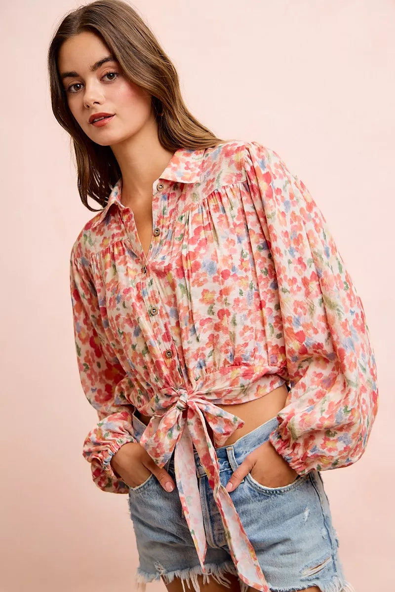 Floral print tie hem crop shirt angled view