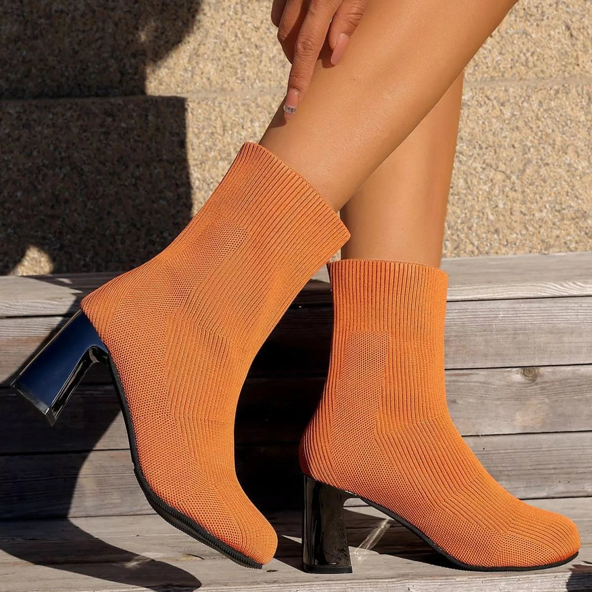 Round Toe Mesh Block Heel Boots top down view