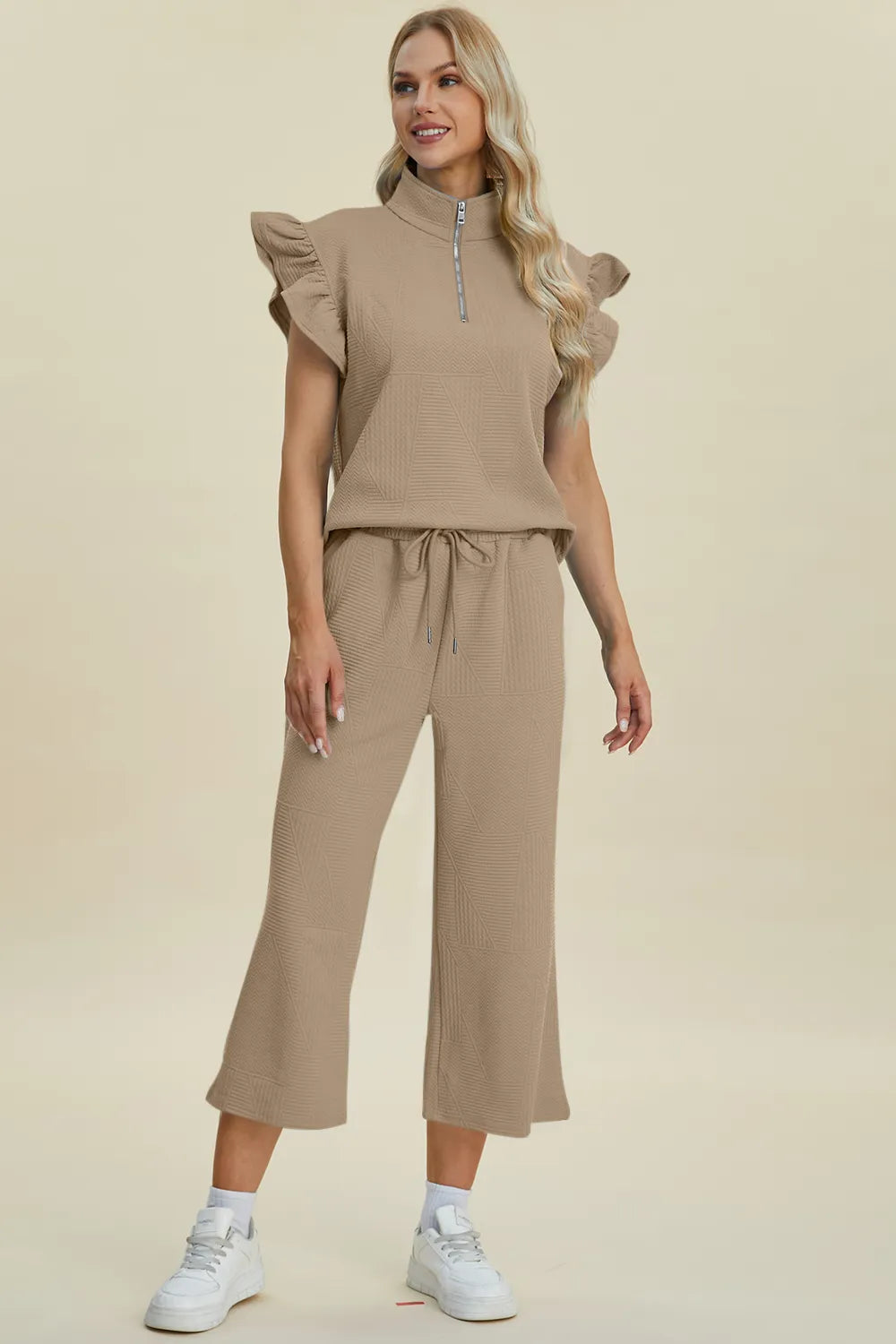 Double Take Full Size Texture Ruffle Short Sleeve Top and Wide Leg Pants Set - Fashorio