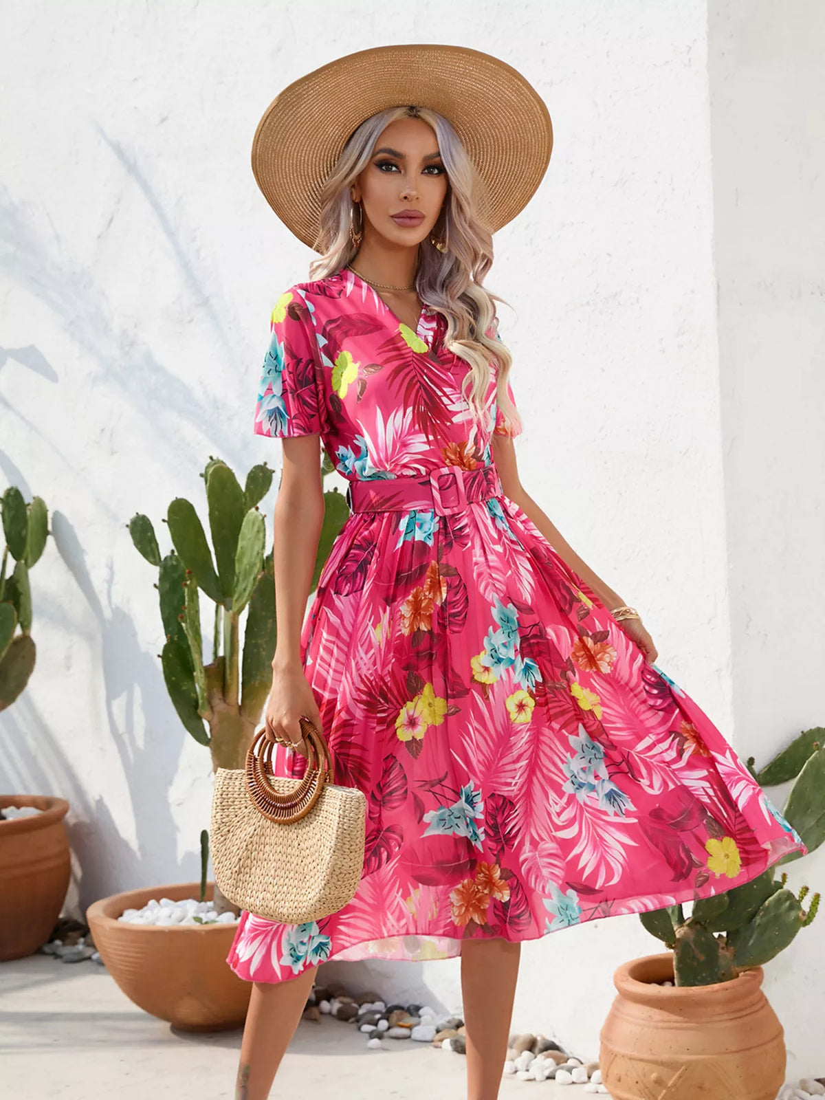 Side view of the pleated midi dress
