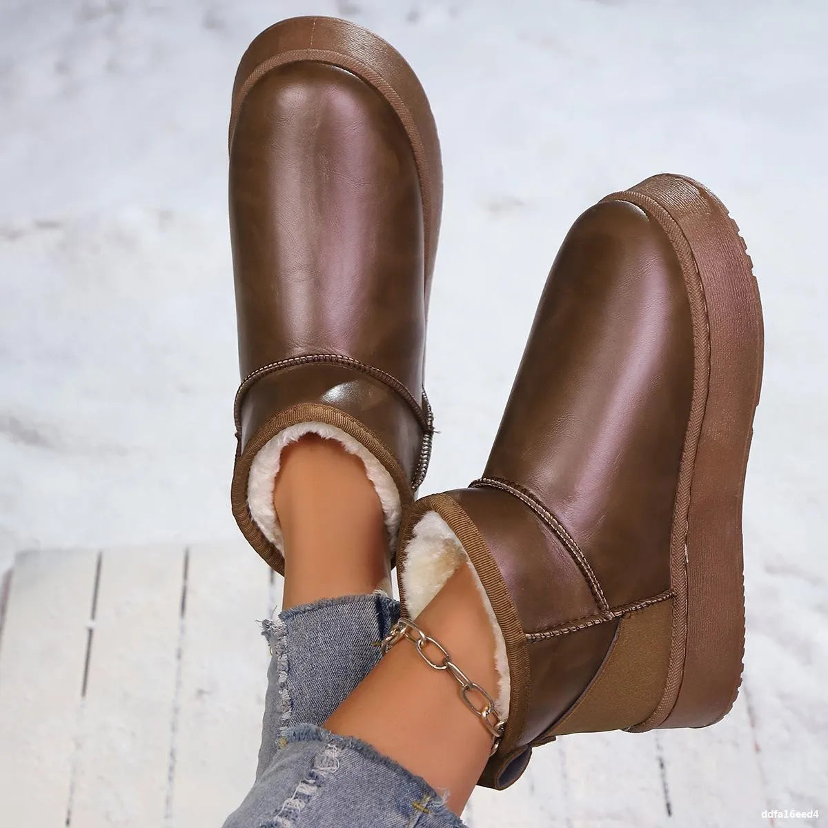 Faux fur platform ankle boots outdoor look