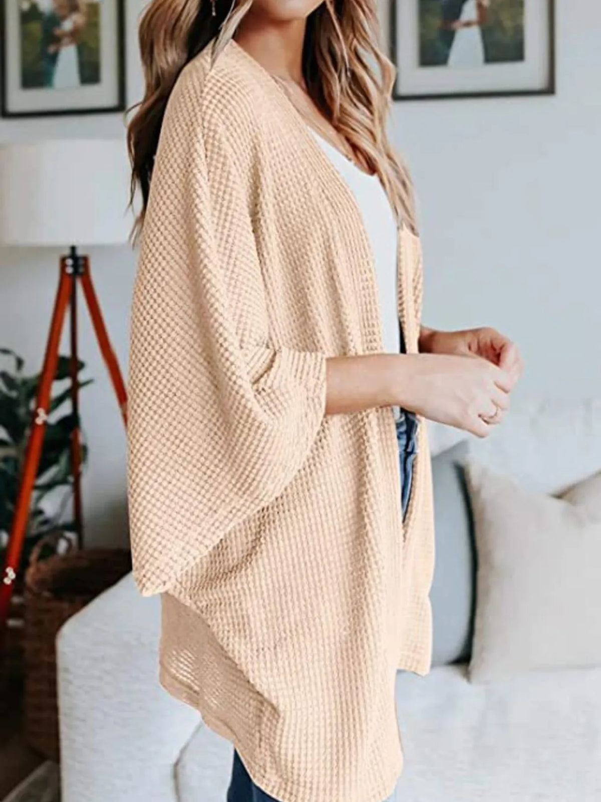 waffle knit open front plus size cardigan fabric knit detail