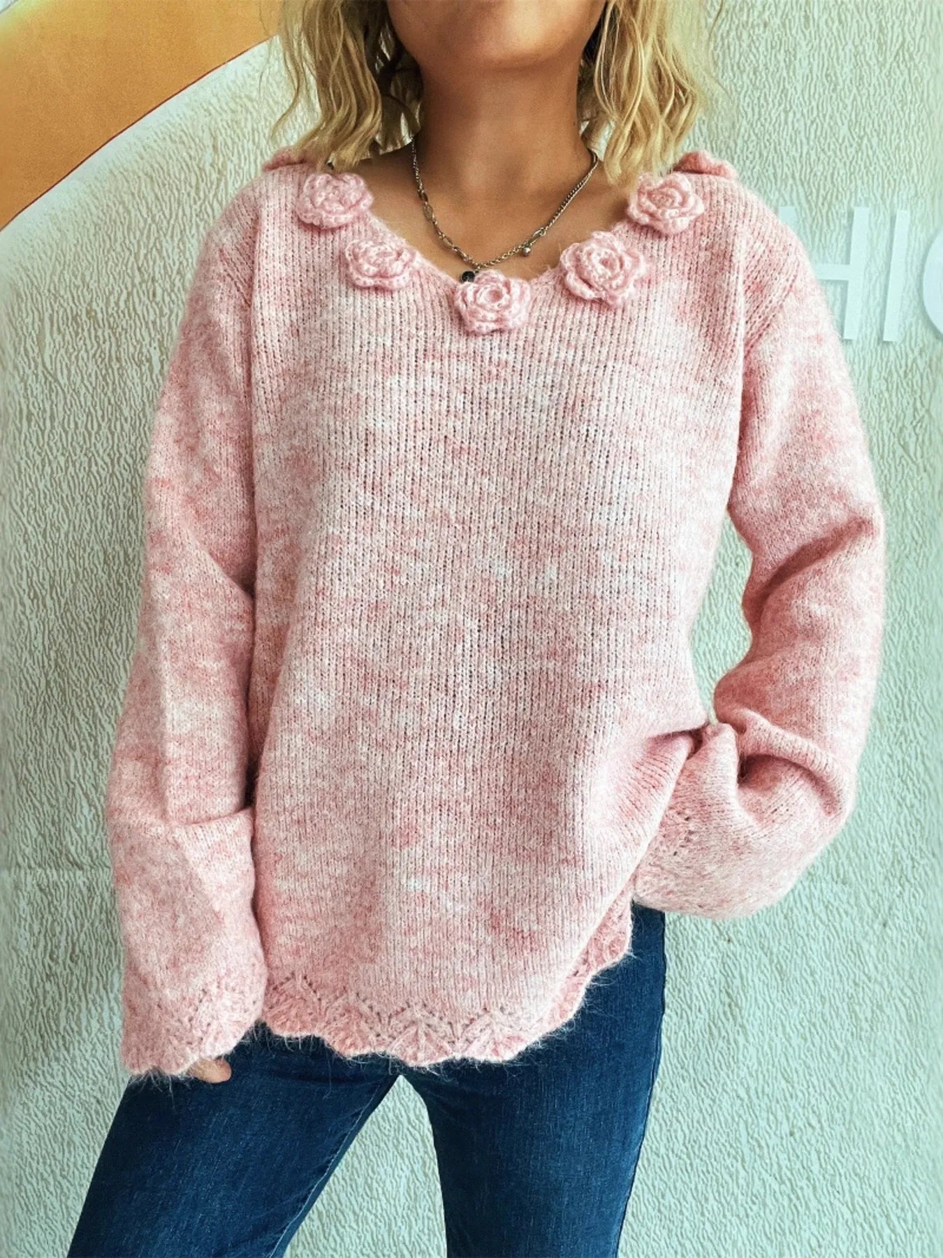 Flower V-Neck Long Sleeve Sweater - Fashorio