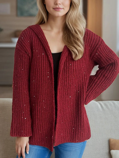 Sequin Detail Long Sleeve Hooded Cardigan - Fashorio