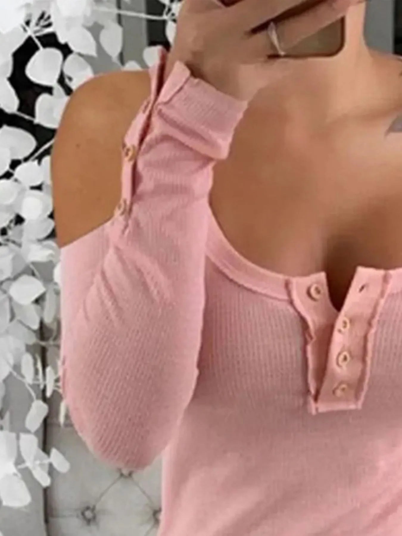 Cold Shoulder Ribbed Henley T-Shirt with Button Detail - Fashorio