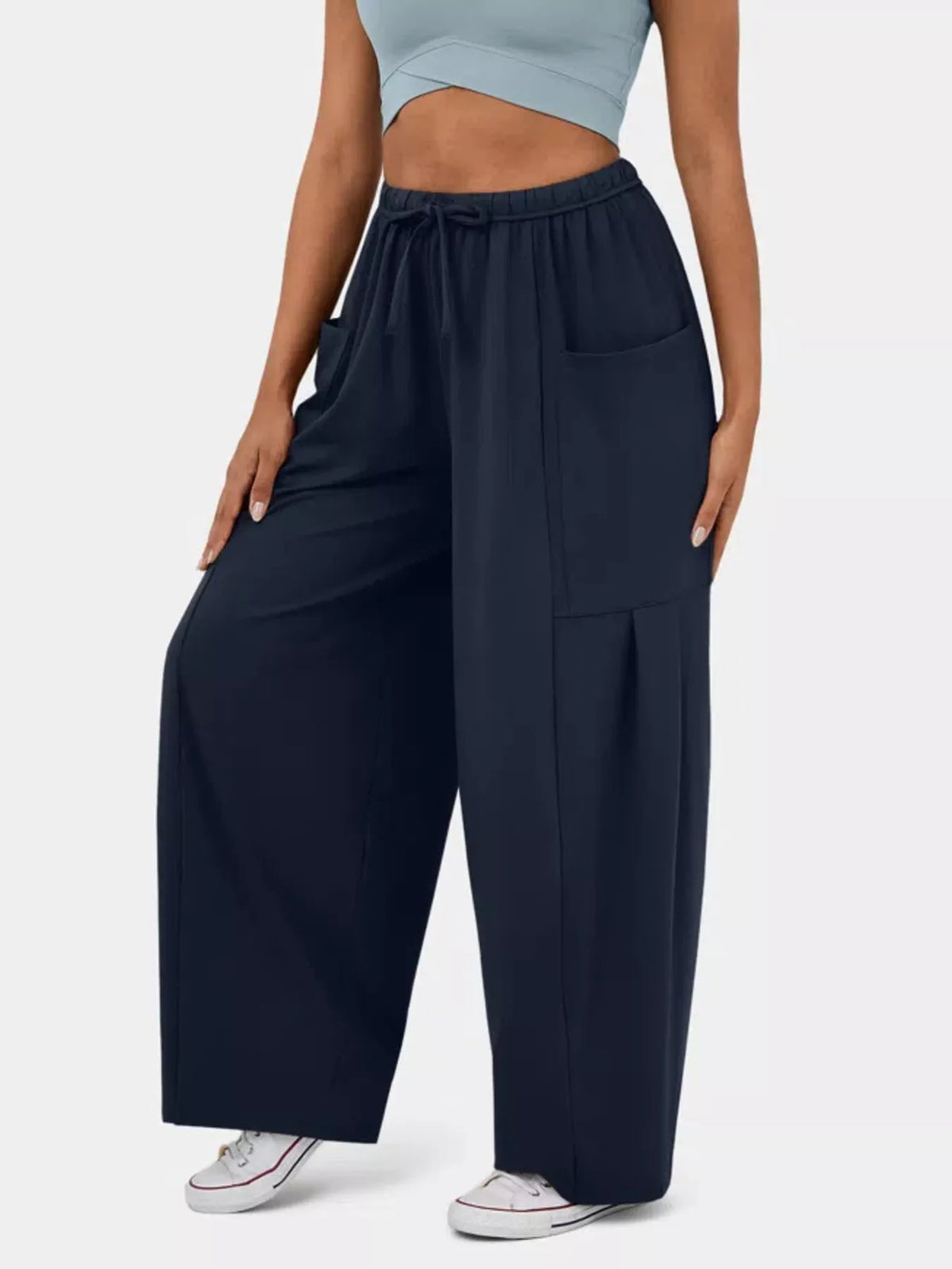 High waisted wide leg drawstring pants detail view