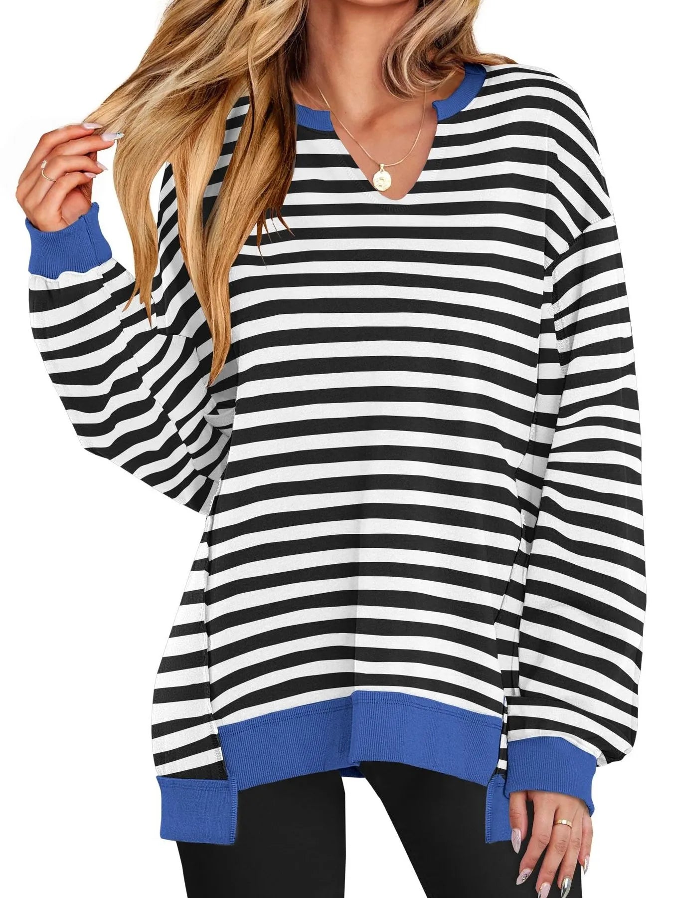 Notched Long Sleeve Oversized Sweatshirt Black And White Stripes - Fashorio