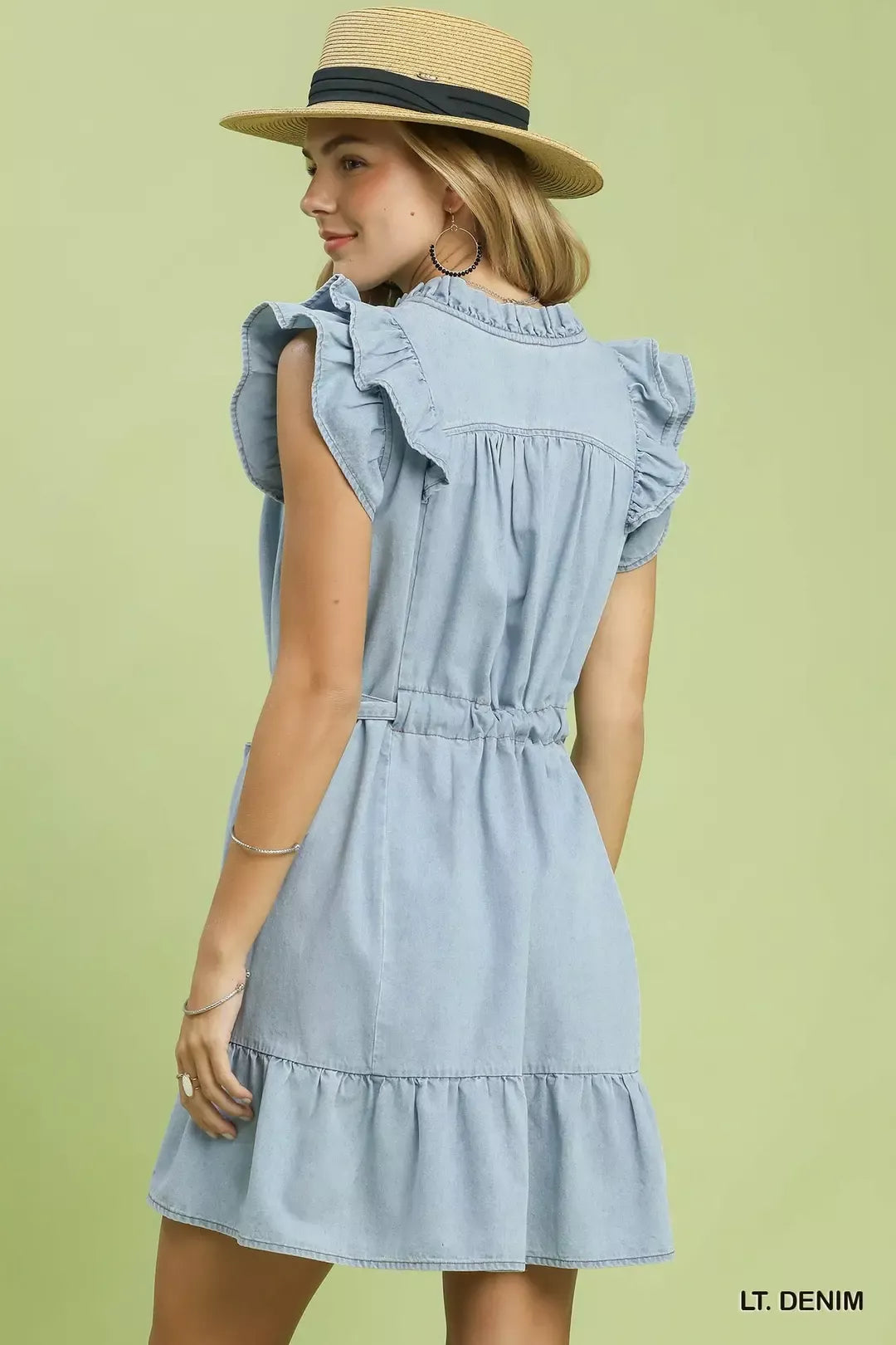Chambray Ruffled Denim Dress with Side Pockets side view