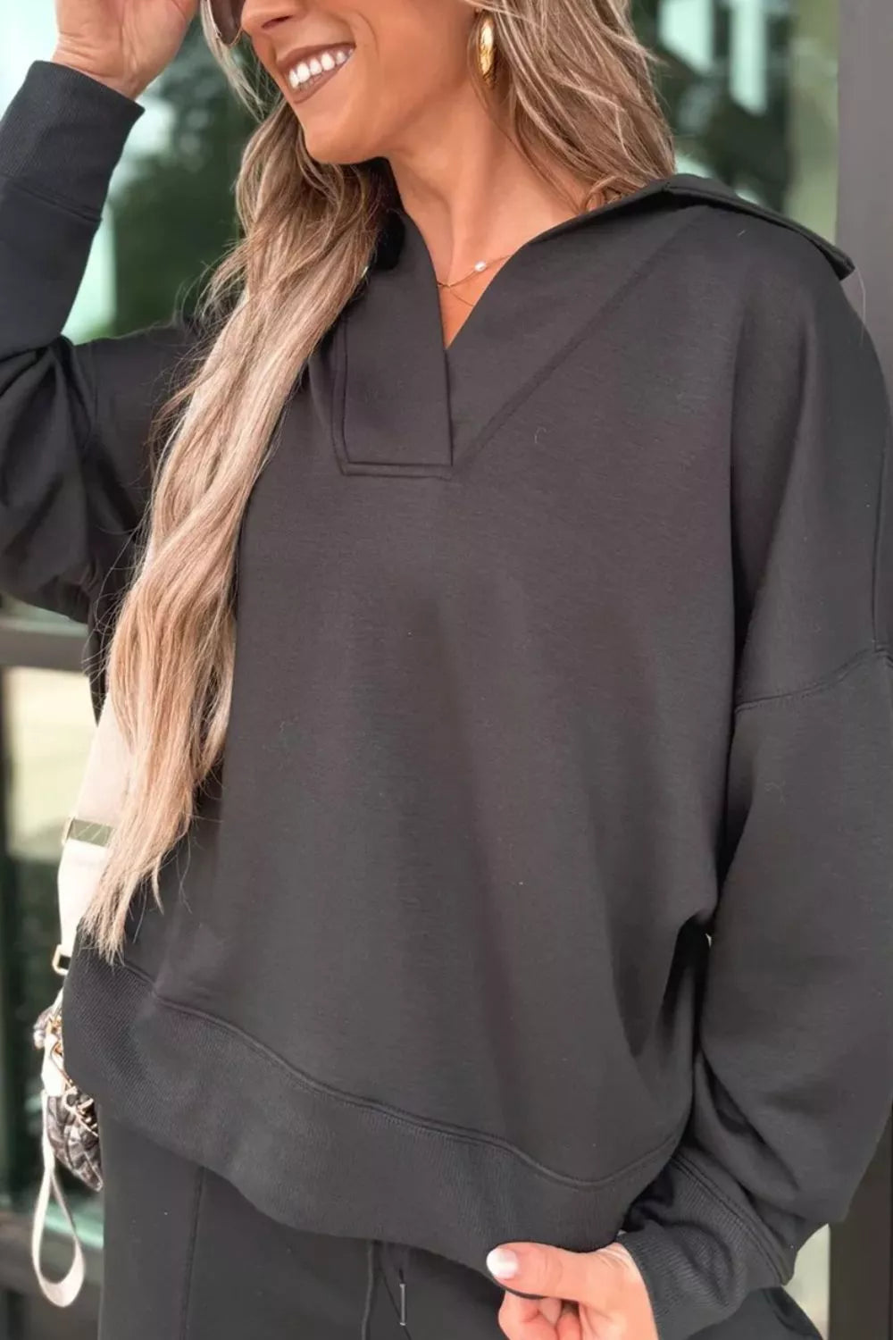 Collared V Neck Sweatshirt and Sweatpants Set, view 5
