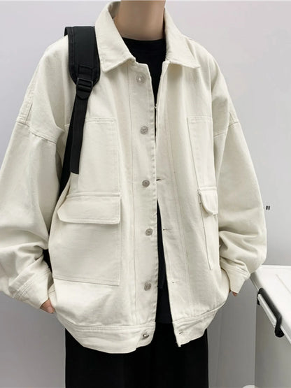 Men's Button Up Drop Shoulder Denim Jacket Beige - Fashorio