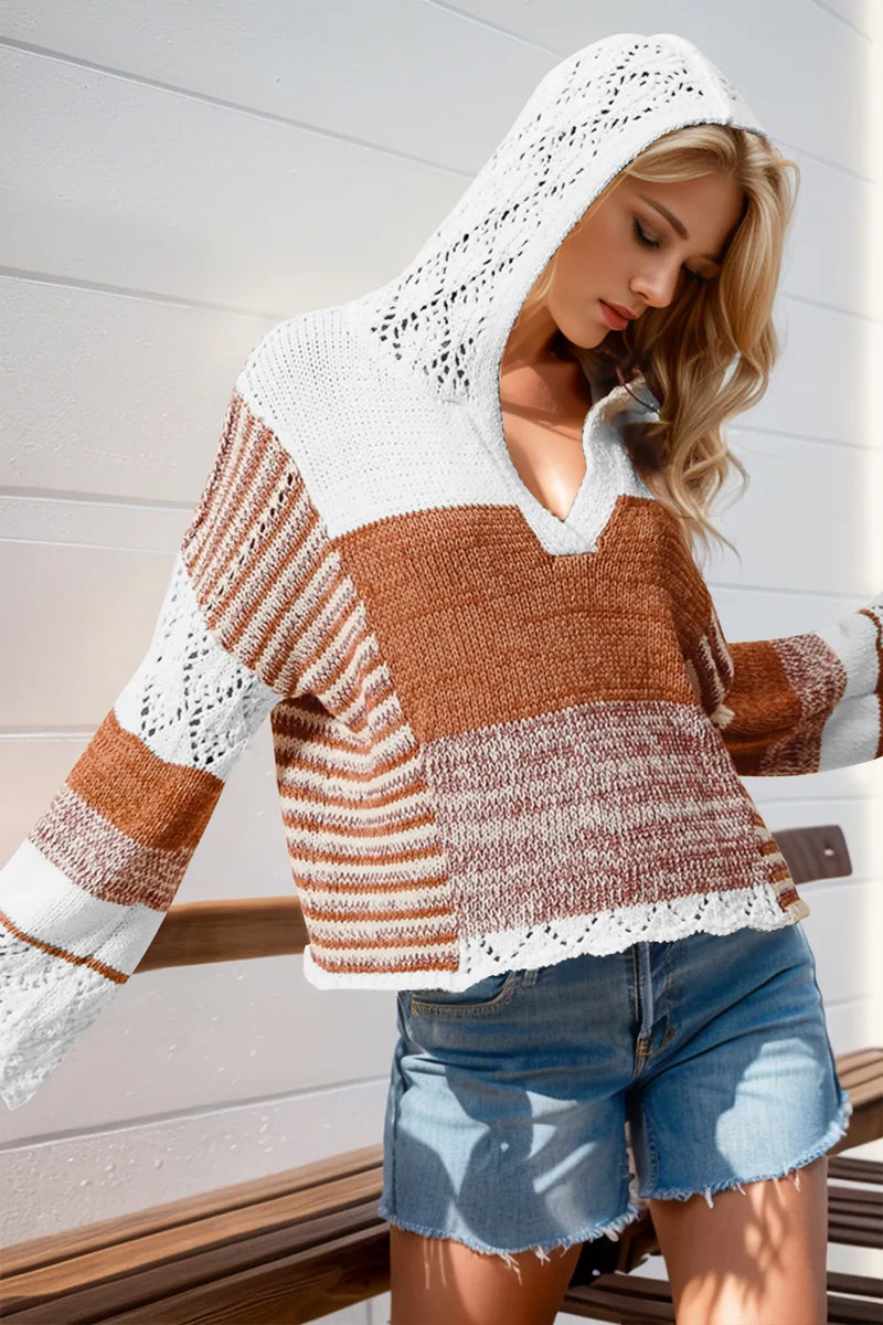 Camel openwork hooded sweater front view