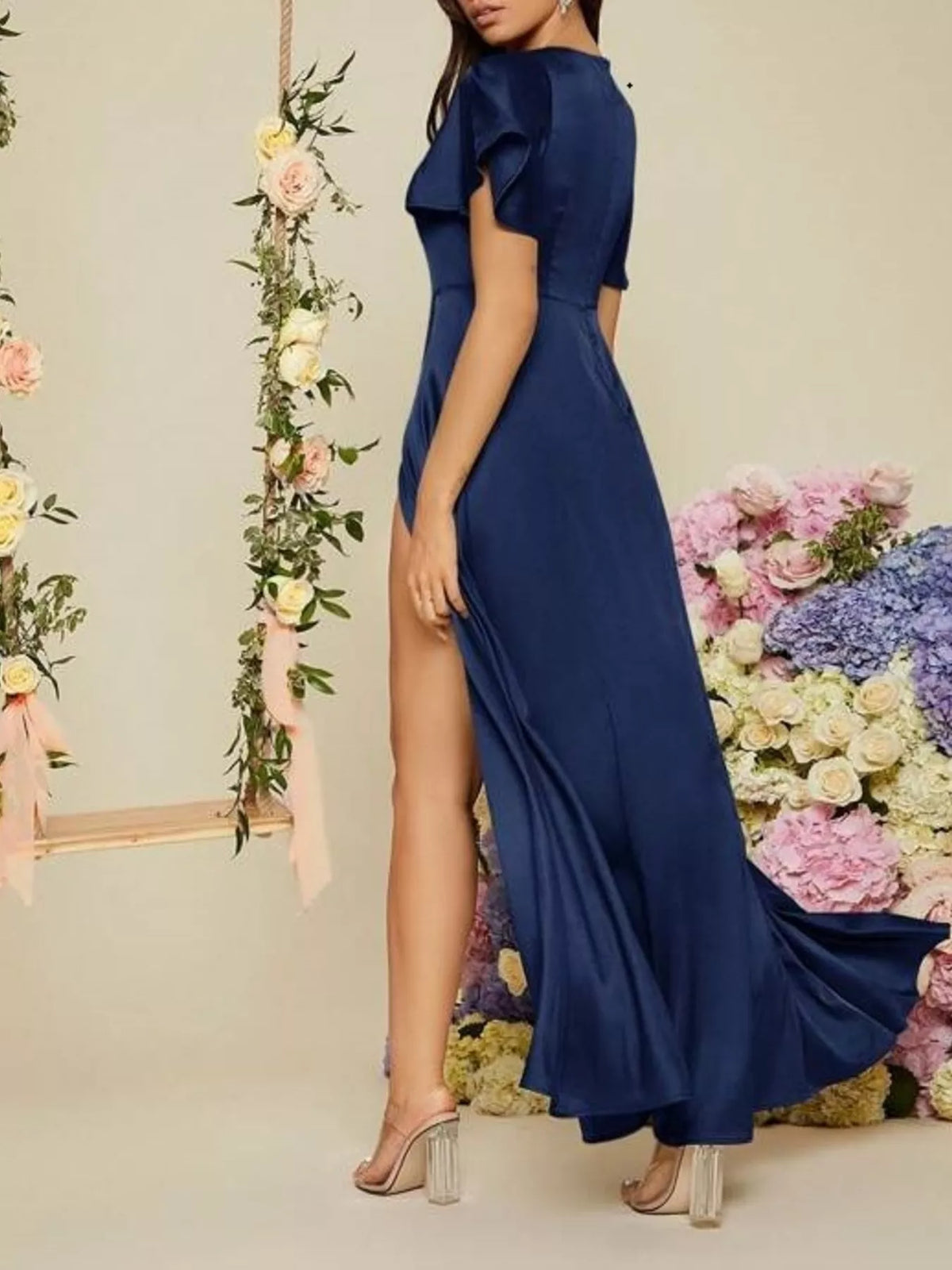 Flutter sleeve slit maxi dress flat lay