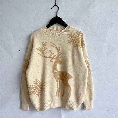 Reindeer and Snowflake Pattern Sweater Pastel Yellow - Fashorio