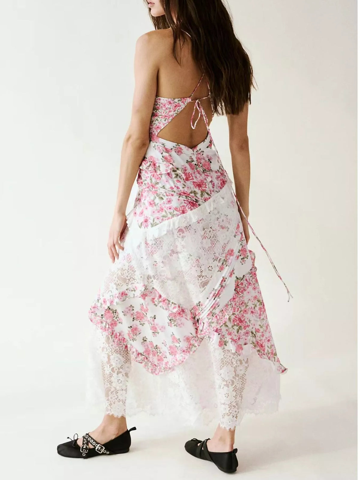 Full length lace maxi dress styled for an event