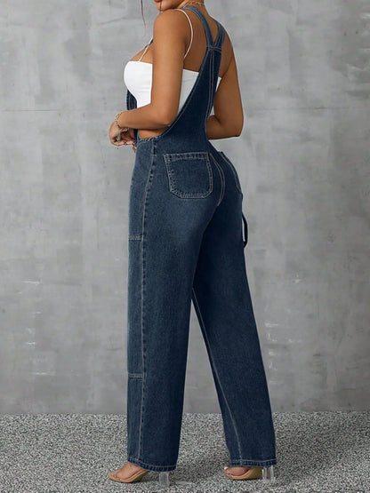 Zip Front Wide Strap Denim Overalls - Fashorio