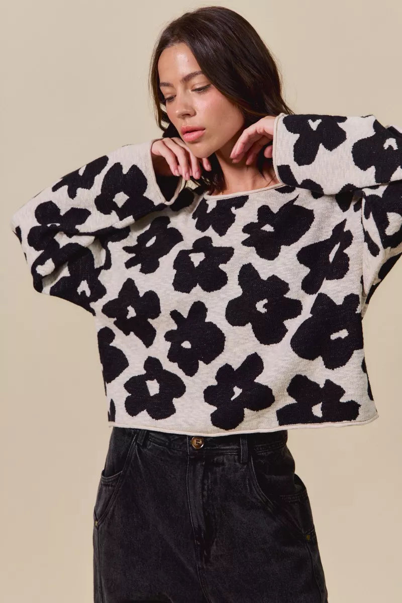 Floral Loose Fit Lightweight Sweater Top in Black and Oatmeal styled look